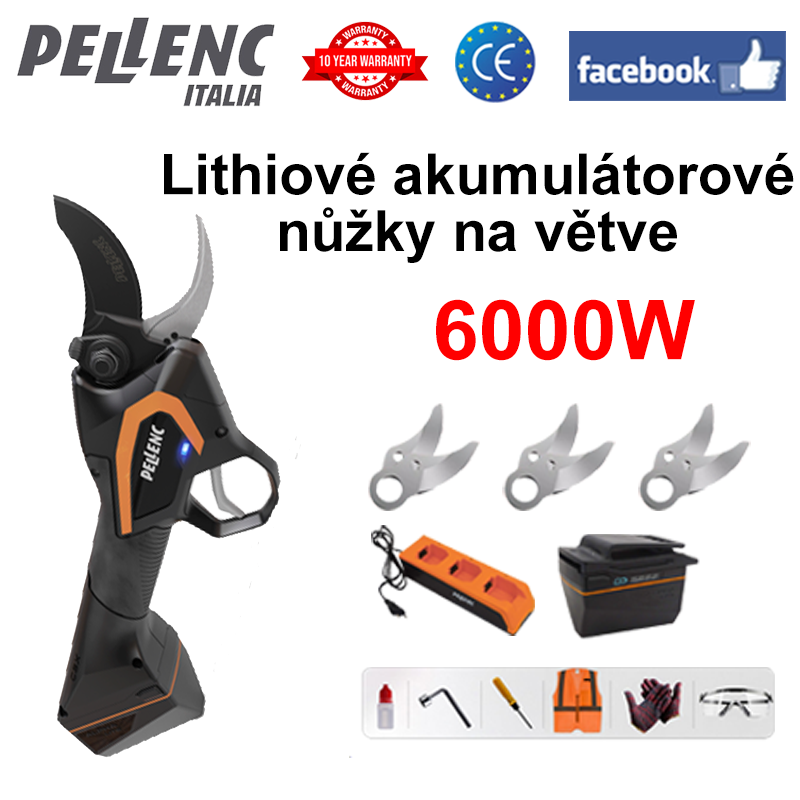 LED displej napájení (16 hodin výdrže baterie) Nůžky na větve s lithiovou baterií 6000W bezkomutátorový motor + baterie * 1 + nabíječka + čepele ze slitiny SK9 * 3 + mazací olej + ochranné brýle