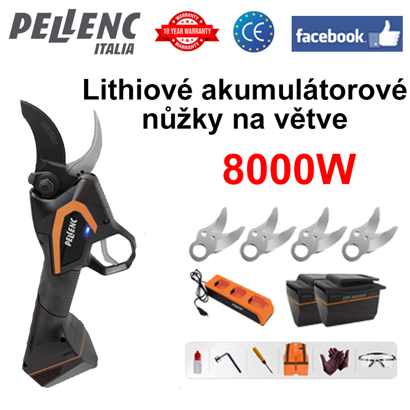 LED displej napájení (30 hodin výdrže baterie) Lithiové akumulátorové nůžky na větve 8000W bezkomutátorový motor + baterie * 2 + nabíječka + čepele ze slitiny SK9 * 4 + mazací olej + ochranné brýle